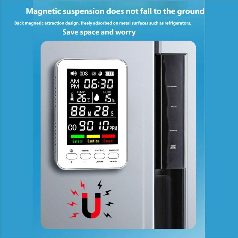 Intelligent Harmful Gas Alarm With Temperature Moisture Display Clock And Magnetic Back For Indoor Use