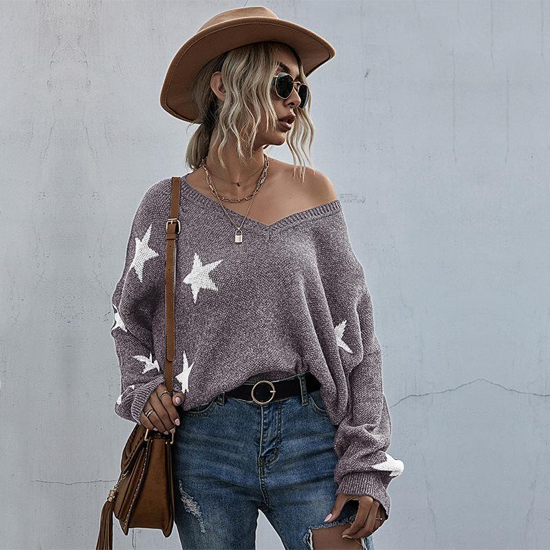 Women Star Pattern V Neck Tassel Knit Sweater Vintage Elegant Top Autumn Winter