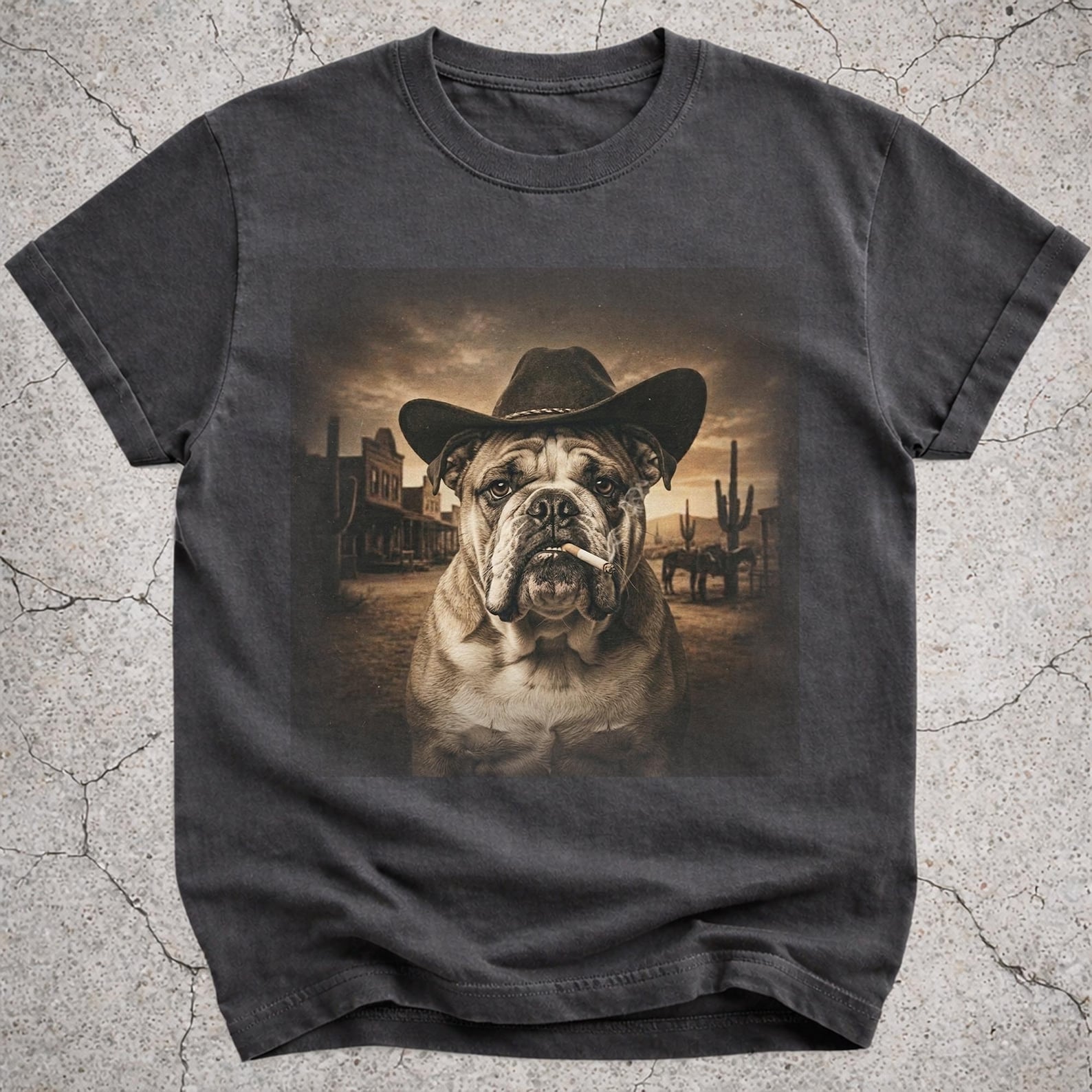 English Bulldog Cowboy Shirt, Western Bulldog Meme Tee, Vintage Cowboy Dog Portrait, Funny Bulldog Gift for Dog Dad S