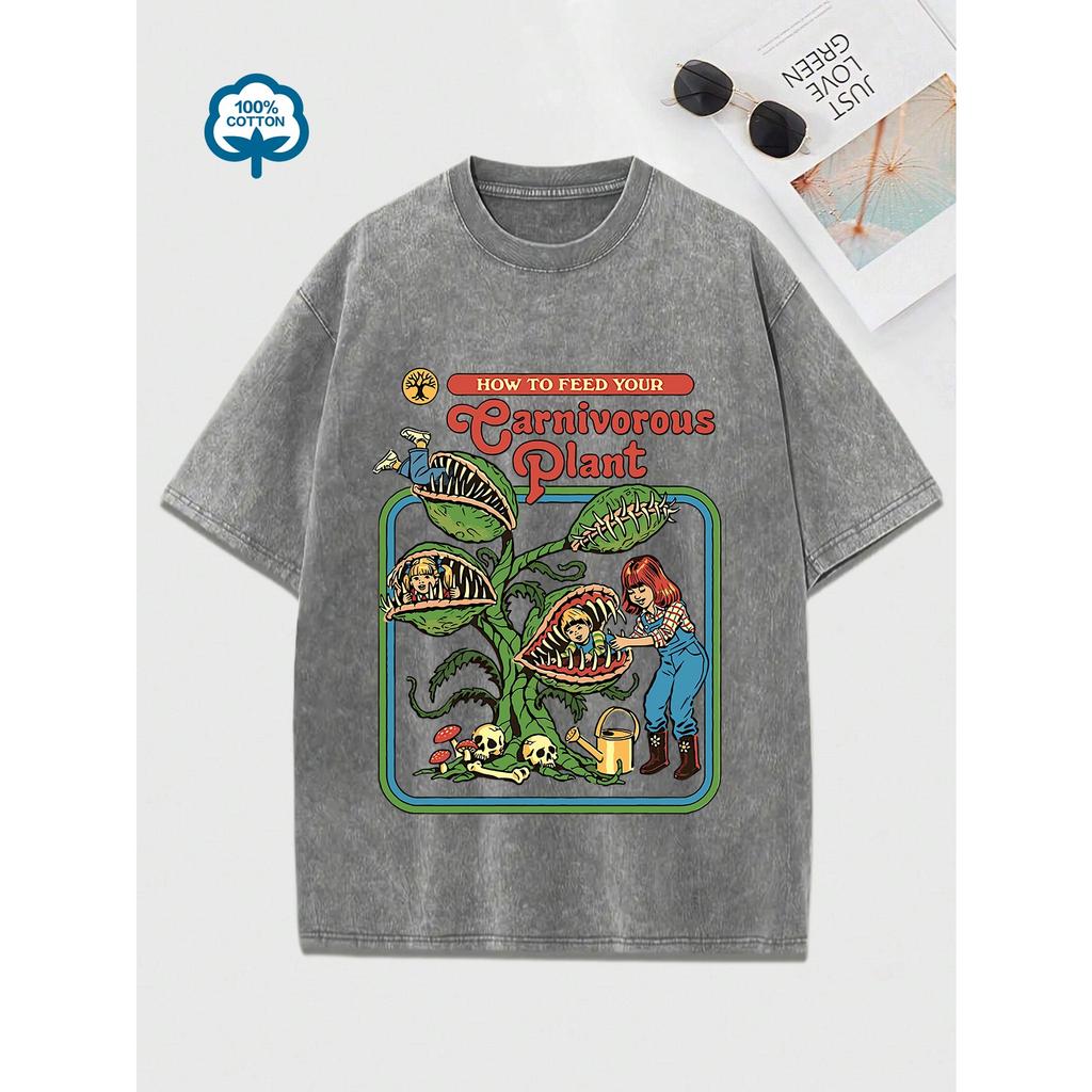 Chomper Comic Pattern Print Women Washed Tshirts Summer T-Shirt Breathable O-Neck Distressed Tee Shirts Soft Cotton Tops