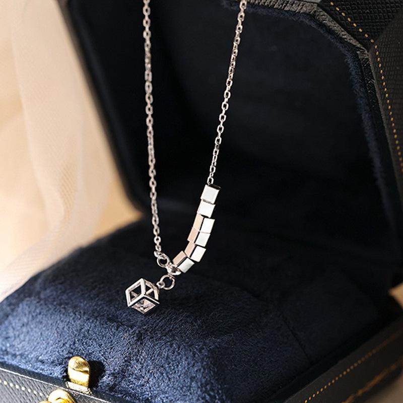 Small Square Collarbone Chain, Japanese Girlfriend Gift, Broken Silver Necklace, Zircon Rubik'S Cube Pendant Chain, Sweater Chain.