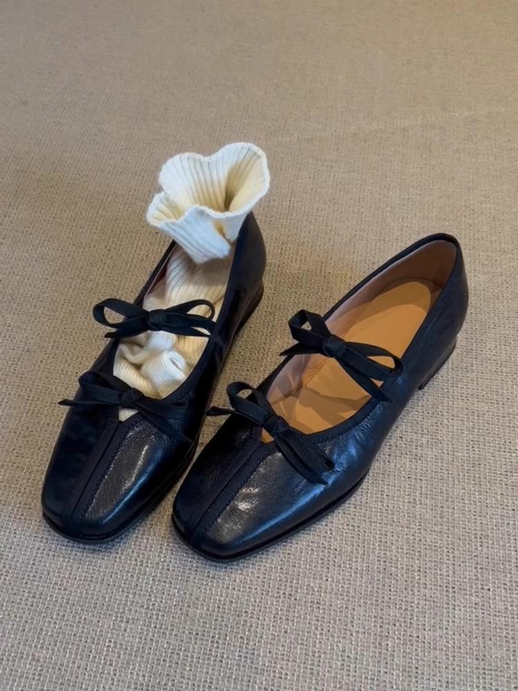 Sheepskin~ Leather French Ballet Shoes Women's Soft Sole with Skirt Retro Mary Jane Shoes Bow Flat Shoes