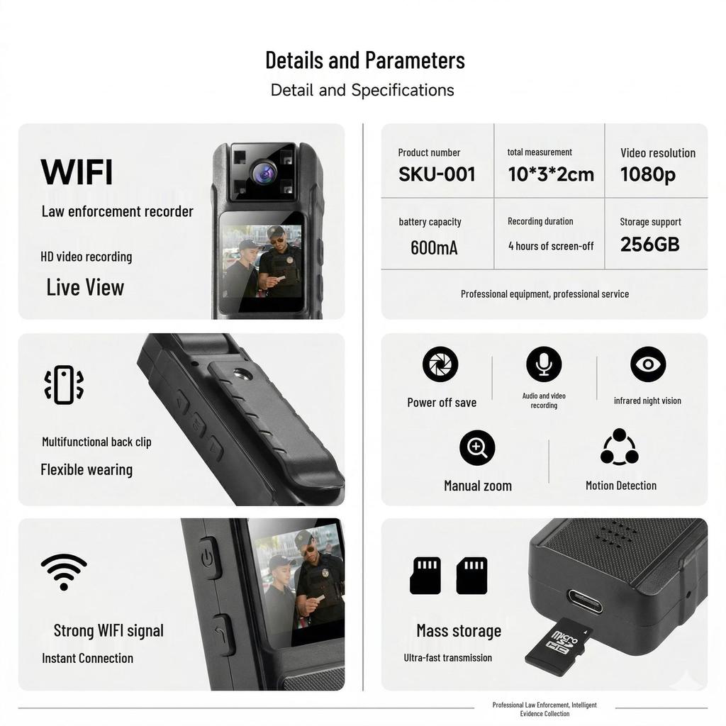 HD WiFi Law Enforcement Recorder with Screen & Clip Camera for Security Patrol