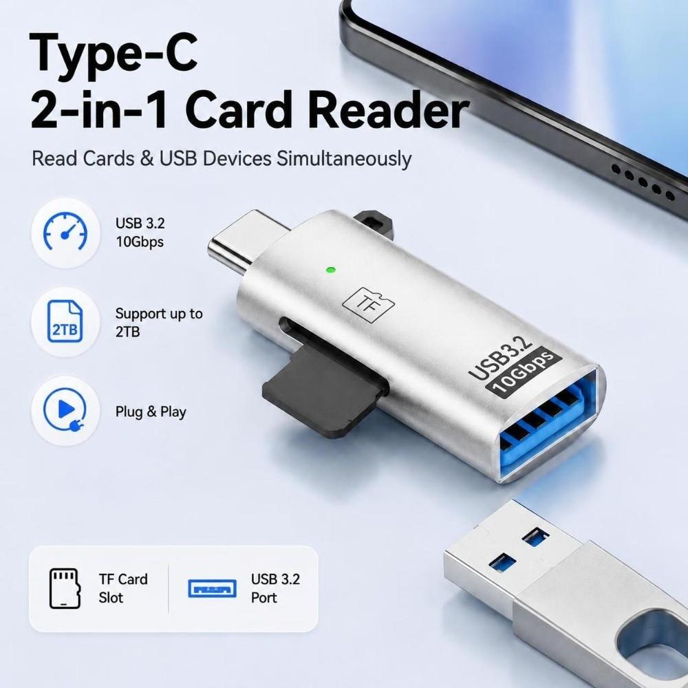10Gbps Type-C Card Reader USB 3.2 USB Card Reader Practical TF Card Reader Video Viewing