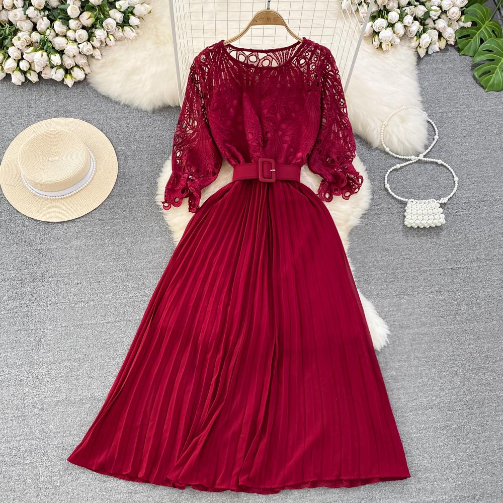 Summer Women Hollow Out Lace Pleated Long Dress Vintage Female O-Neck Yellow/Purple/Blue/Black Patchwork Draped Maxi Vestidos