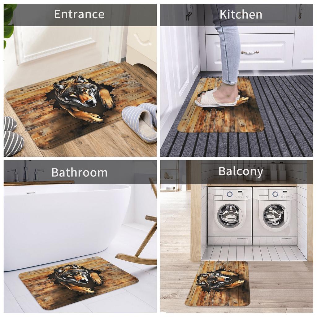 Realistic 3D Wolf  Peeking Out Of Torn Doormat Anti-Slip Bathroom Kitchen Mat Living Room Floor Door Entrance Carpet Rug