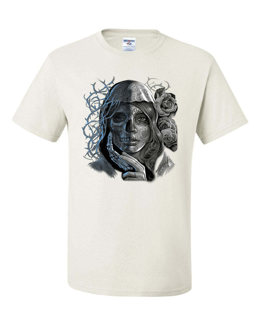 Dead Girl with Roses T-Shirt Sugar Skull Face Day of the Dead Tee Shirt S