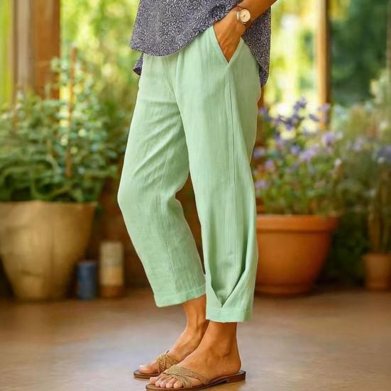 Women Pants Mid-rise Elastic Waist Solid Color Casual Trousers with Pockets Loose Fit Leisure