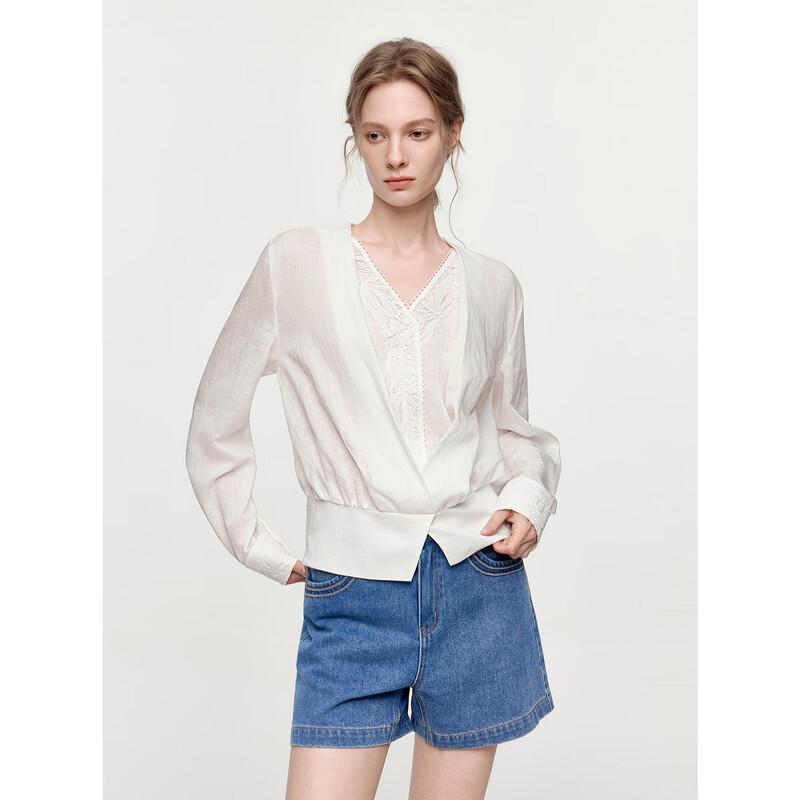 ELLE Linen Embroidery Lace V-Neck Blouse