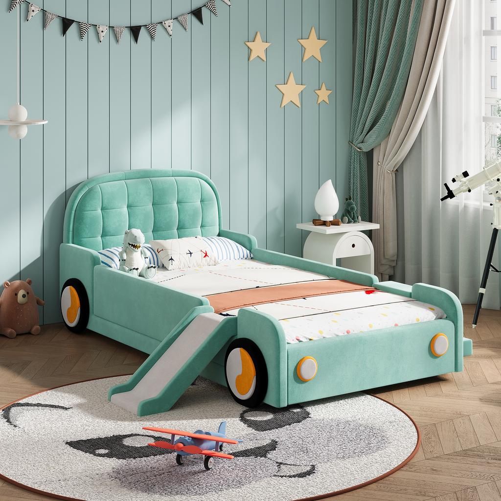 Bett, Autofahrerbett mit Rutsche und Treppe, Links/Rechts montierbar, Polsterbett in Petrol, Spielbett mit Absturzsicherung für Kinderzimmer, 90x200 cm