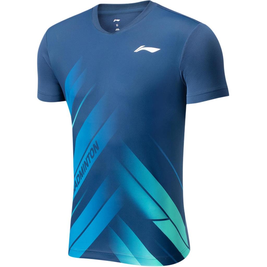Li-Ning Round Neck Printed Knitted Sports Short Sleeve Badminton Shirt Unisex Tops Navy-Blue AAYU237-3
