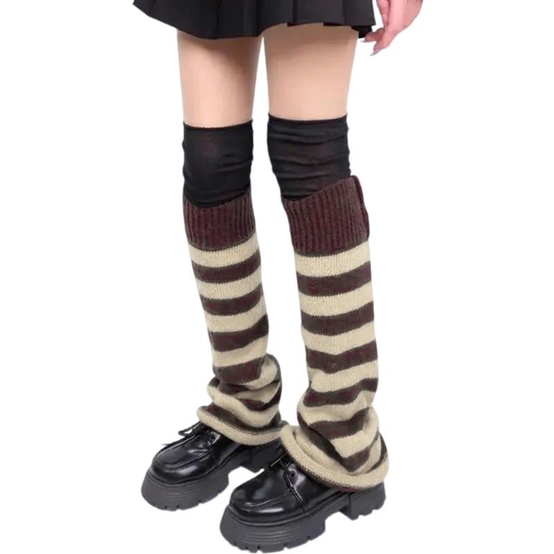 Punk Styles Japanese Harajuku Knitted Striped Flared Leg Warmers and Thigh High Long Socks Set for Women Teen Streetwear