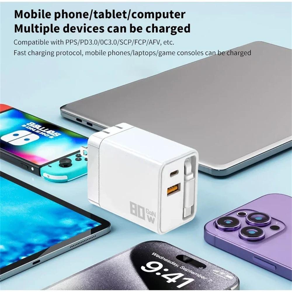80W GaN USB-C-Ladegerät mit einziehbarem Kabel, Schnellladeadapter für iPhone, Samsung, Xiaomi, Huawei, EU/US/UK-Stecker, Schnellladegerät