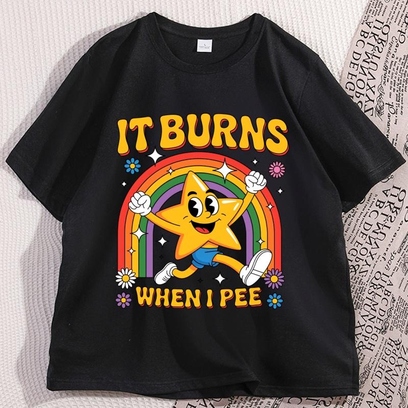 Lustiges Sprüche T-Shirt 'Es brennt beim Wasserlassen' 90er Vintage Baumwolle Kurzarm T-Shirt Streetwear Locker Rundhals Streetwear Kleidung