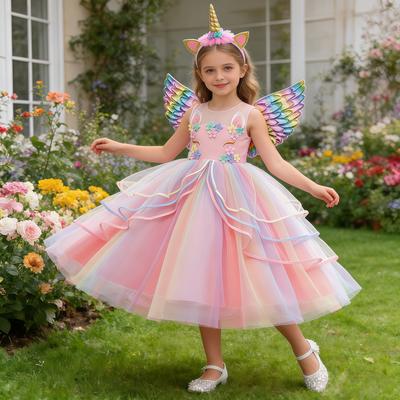 Einhorn-Kleid für Mädchen Party Regenbogenkleider Mit Einhorn-Kopfschmuck Für Kinder Geburtstag Karneval Aufführung Ballkleid