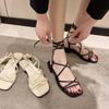 Shoes for Women Summer Cross Bandage Thick Low Heels Sandals Women Fashion Lace-Up Peep Toe Shoes Female Square Heel Footwear