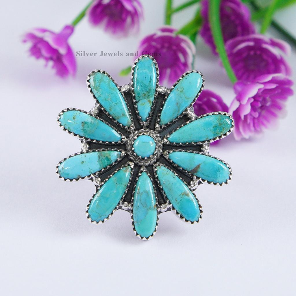 Long Teardrop Turquoise Cluster Ring: Sterling Silver Multi Stone Ring