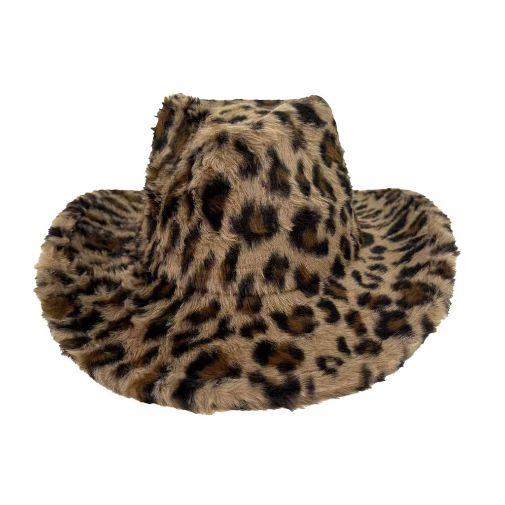 Autumn And Winter New Versatile Leopard Print Western Denim Hat Fleece Thickened Versatile Top Hat European And American Style Jazz Hat