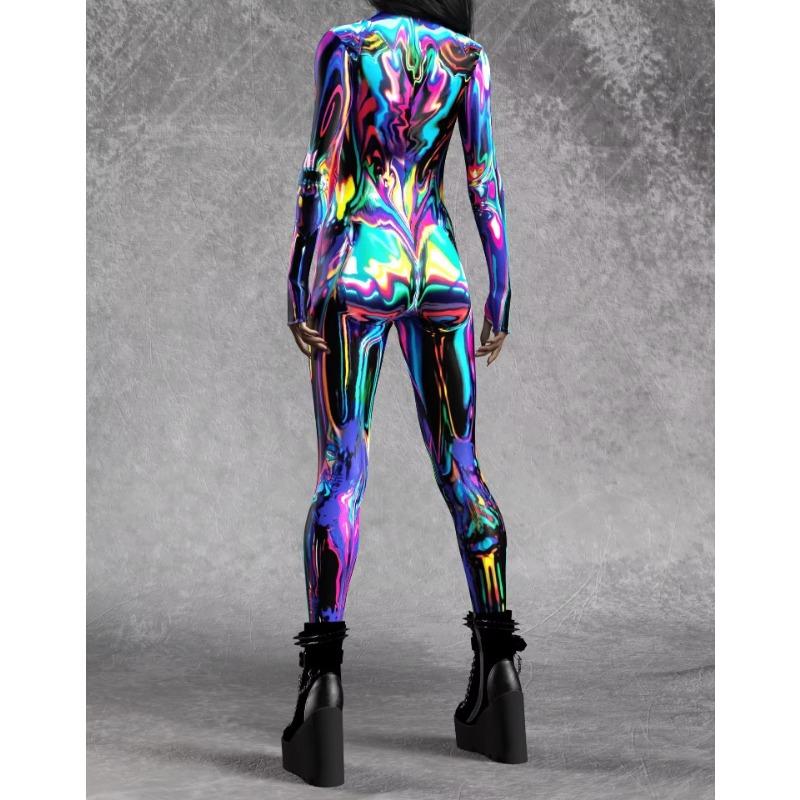 Frauen 3D Digitaldruck Halloween Cosplay Strumpfhosen Overall Erwachsene einteiliges Karneval Party Bühnenshow Tanzkostüm Outfit