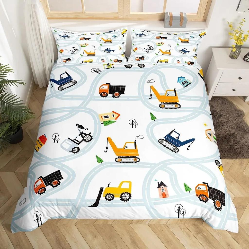 Poszewka na kołdrę z motywem samochodu z kreskówkową mapą drogową dla dzieci, zestaw pościeli dla chłopców, wystrój pokoju, geometryczne linie, poszewka na kołdrę z motywem samochodu ulicznego