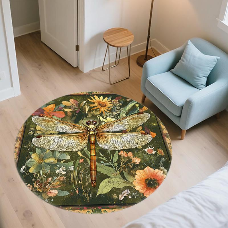 Vintage Dragonfly,Round Area Rug,Carpet Rug for Living Room Bedroom Sofa Playroom Decor,Non-slip Floor Mat