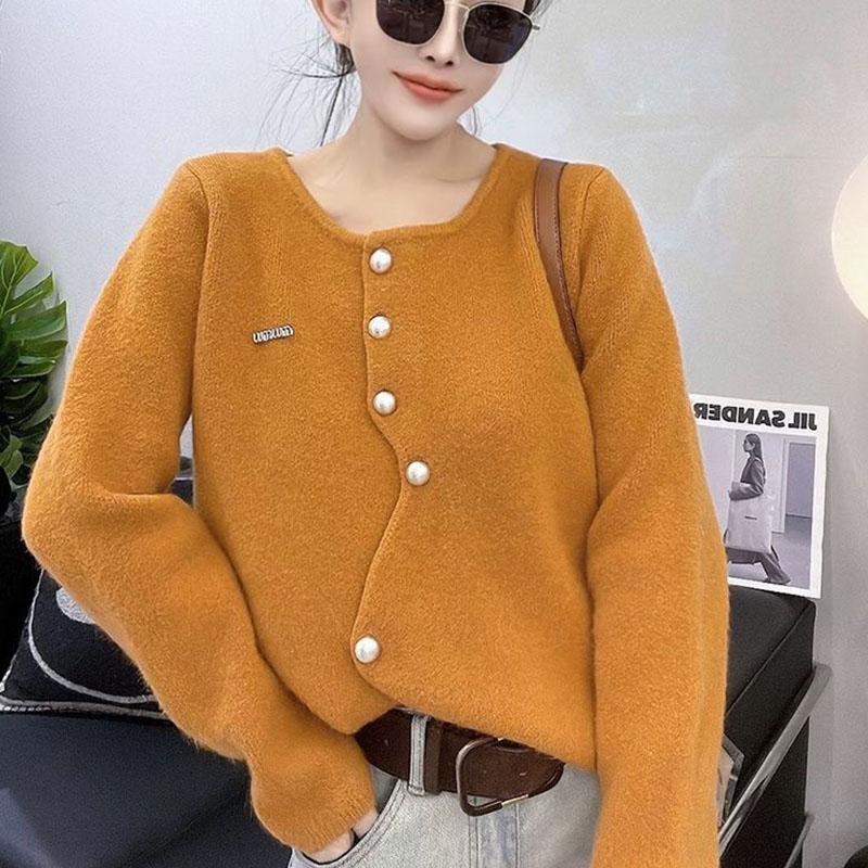 Korean Gentle Irregular Knitted Cardigan Women Spring Autumn Winter Soft Glutinous Long Sleeved Jacket Round Neck Top Commuting