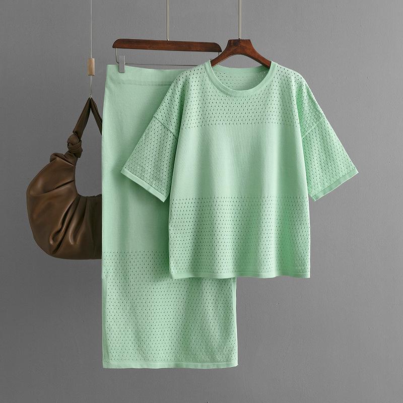 GMXIA Summer Hollowed-out Short-sleeved Knitted Top and Skirt Two-piece Women's Solid-color Casual Suit