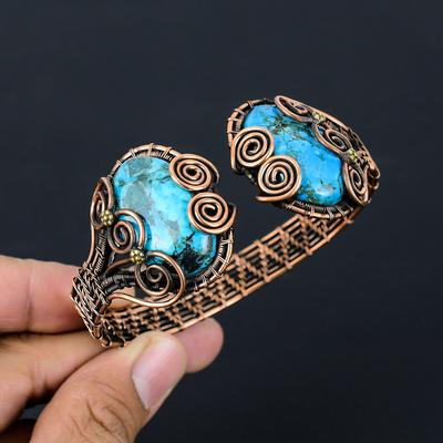 Blue Tibetan Turquoise Gemstone Pure Copper Wire Wrapped Handmade Cuff/ Bangle Adjustable Jewelry