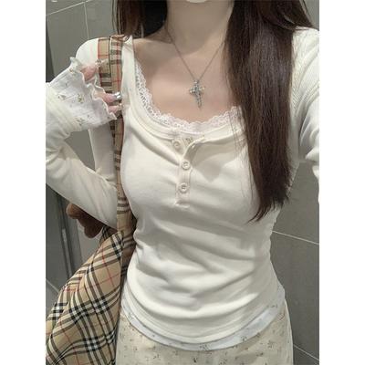 Sweet Neck Lace Long Sleeve Shirt Women's Pleated Bottom Shirt Early Spring Break Two Pure Desire Button Top