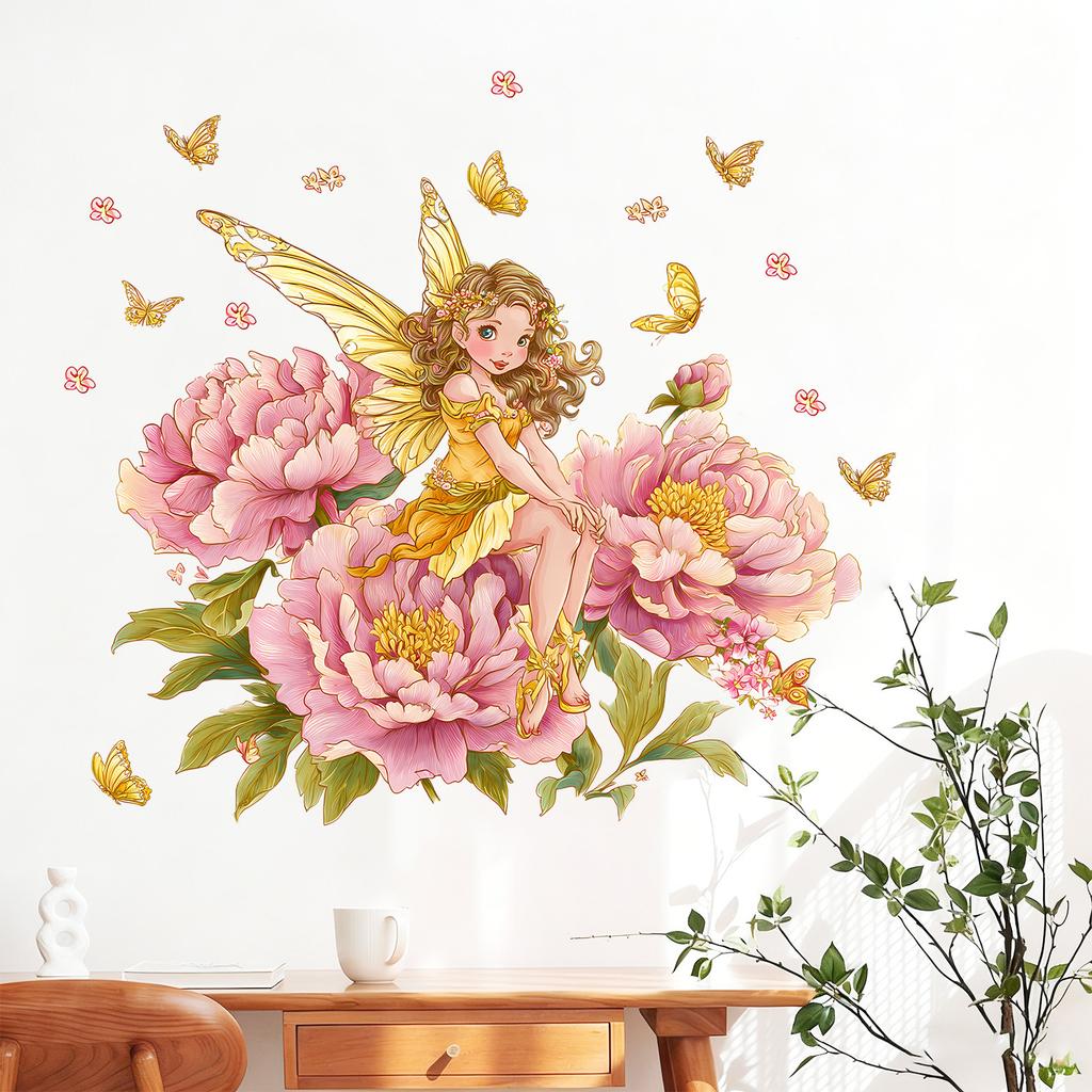 Creative Cartoon Hand Painted Flower Fairy with Butterflies Wall Sticker Self-Adhesive Removable for Kids Room Home Decor