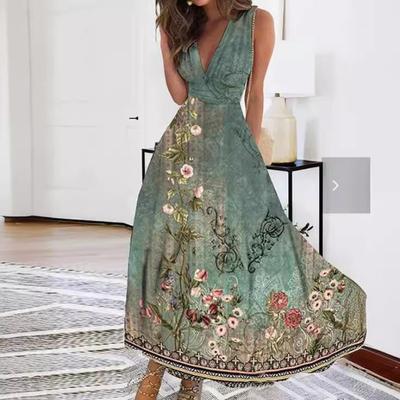 Women's Summer V-Neck High Waist Sleeveless Printed Sexy Vest Dresses