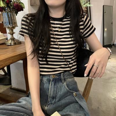 Korean Front Shoulder Striped Short-sleeved T-shirt for Women's Summer Tight-fitting Base with Design Sense Inside Niche T-shirt and Thin Top