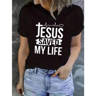 INAWLY Slogan Pattern T-shirt Jesus Saved My Life Pattern T-shirt Women's Cotton Top Casual Fashion Women's Loose O-neck T-shirt