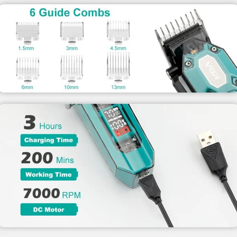 New VGR 900 T-shaped Blade Hair Clipper Transparent Body Electric Professional Men's Hair Clipper LED Intelligent Digital Carving Electric Thruster