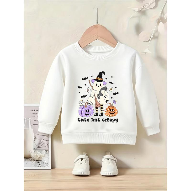 Girls' Soft Cute Ghost Sweet Cool Halloween Theme Round Neck Sweatshirt, Multi-Color Available! Featuring a Cute Ghost Wearing a Wizard Hat