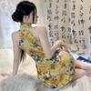 Retro printed hip-wrapped and thin cheongsam set, tempting to hang the neck, free of passion and pure desire, erotic underwear nightclub