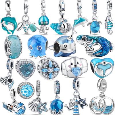 Colgante de plata 925 con forma de cangrejo ermitaño, geco, medusa, delfín y tortuga, cuentas de color azul cielo, compatible con pulseras originales, joyería europea