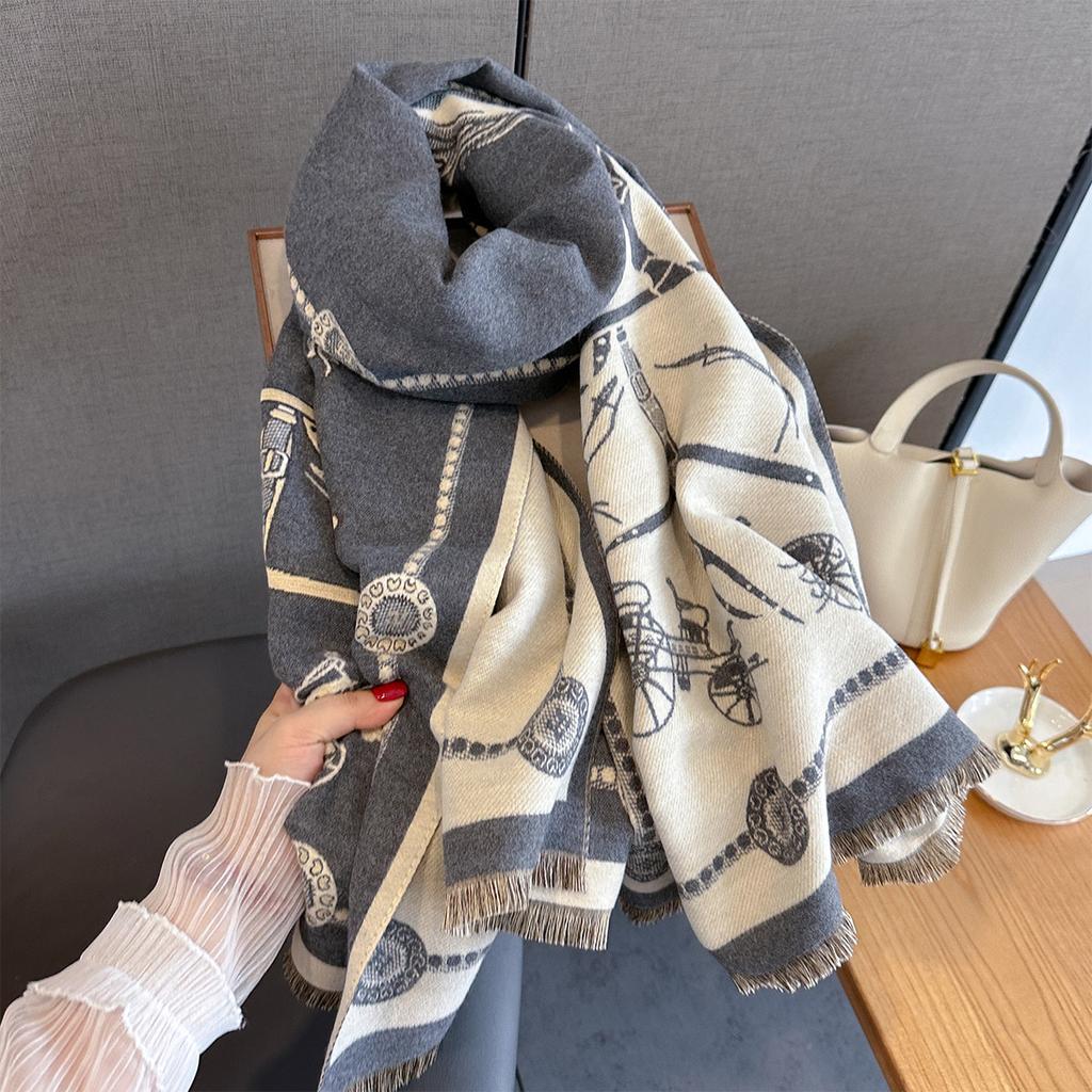 Autumn Winter Pashmina Elegant Horse Print Shawl Wrap Women Luxury Cashmere Scarf Femme Thick Warm Blanket Stoles Long Blanket