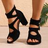 Summer Women's Black Suede Chunky Heel Sandals, Hollow Open-Toe High Heels, Fashionable Roman Style Versatile Women's Shoes for