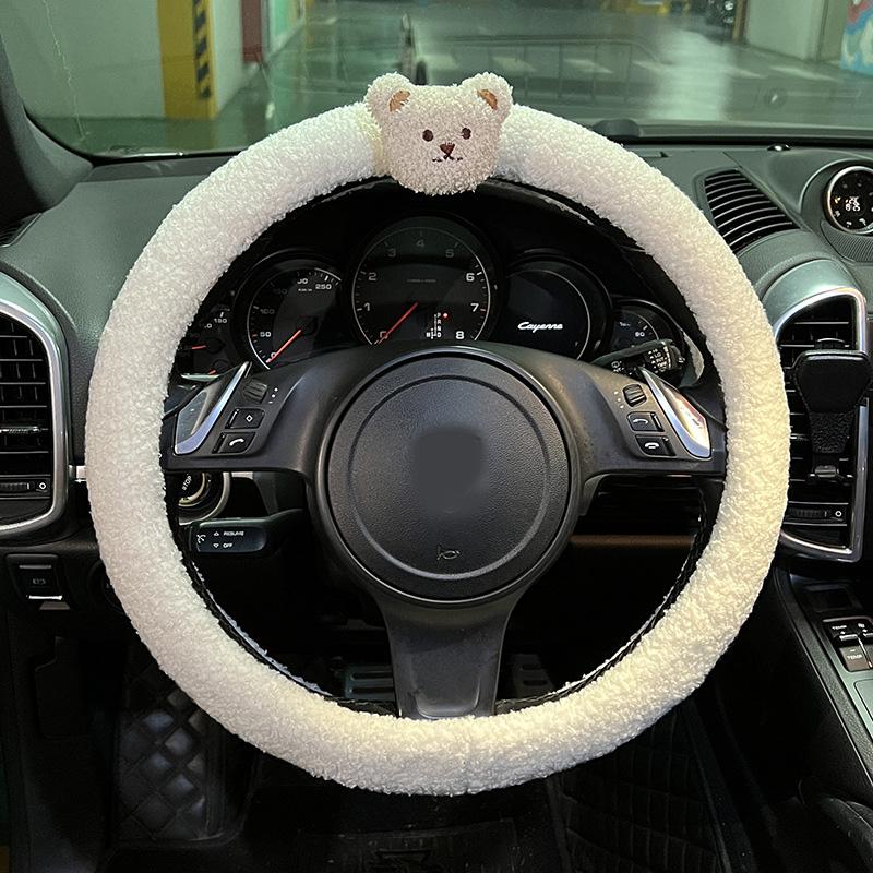 Cute Cartoon Bear Universal Car Steering Wheel Cover Winter Warm Faux lamb Plush Car Wheel Protector Decoration Women Girls