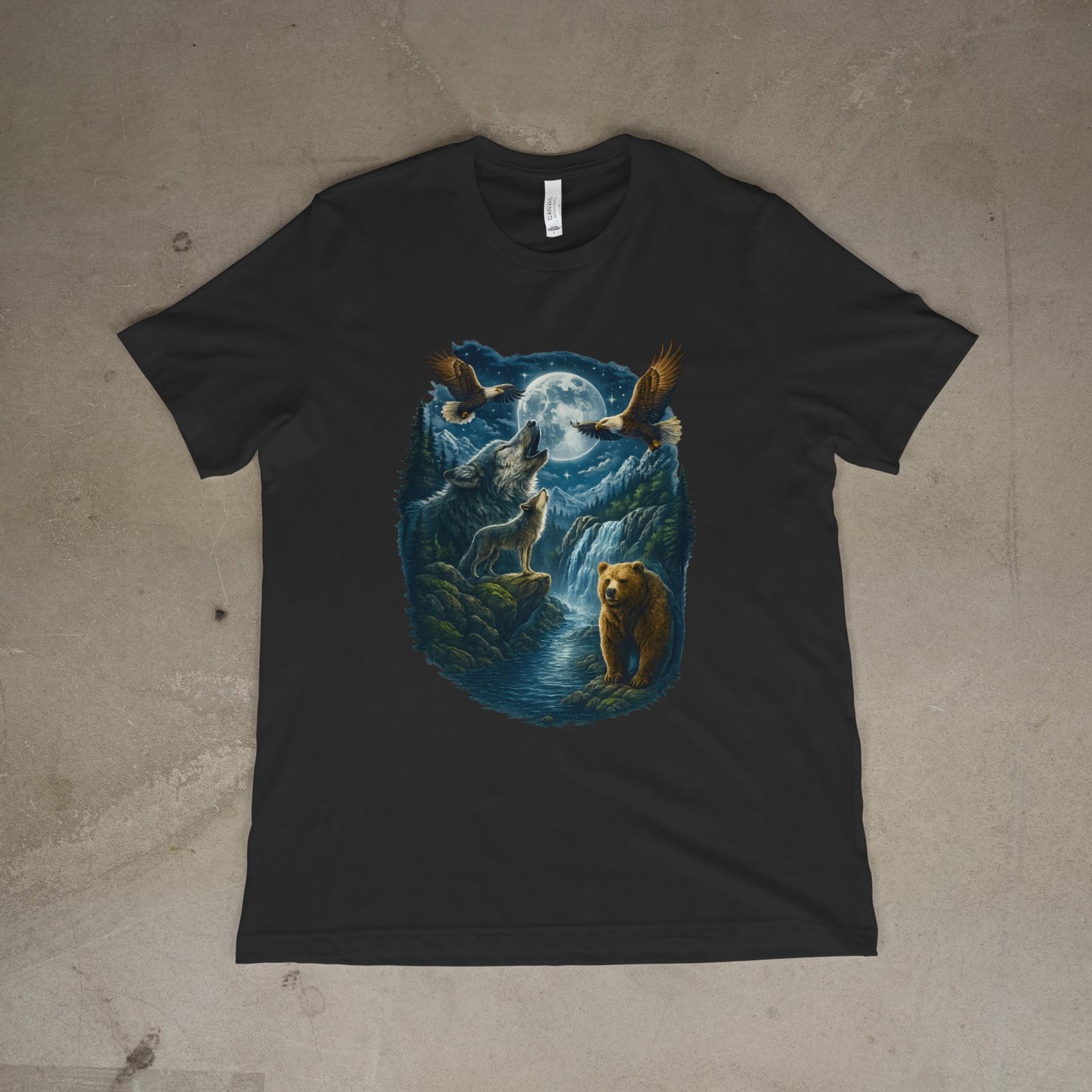 Wolf Bear Eagle Moon Shirt Wildlife Nature Scene Graphic Tee Mountain Art Design L