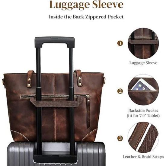 Genuine Leather Tote Bag for Women Work Shoulder Crossbody Purses Handbag with Outside Pockets