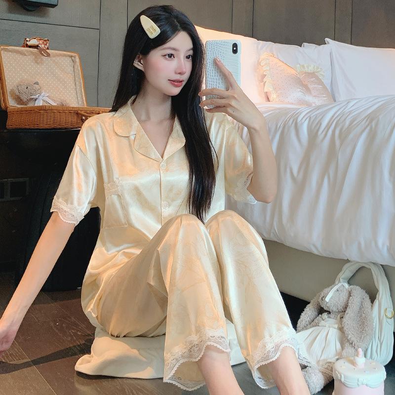 Light Luxury Solid Color High-End Lace Light Luxury Ice Silk Pajamas Women'S Summer Short-Sleeved Trousers Loungewear Set