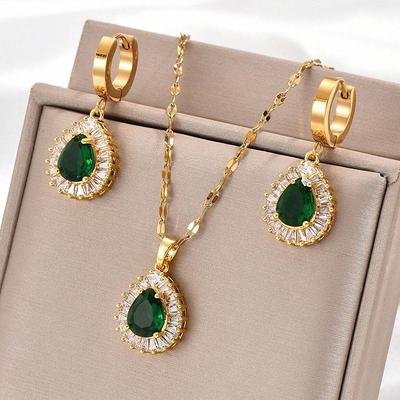 Emerald Necklace Women's Fashion Temperament Suit Vintage Hong Kong Style Necklace Earrings Versatile Jewelry