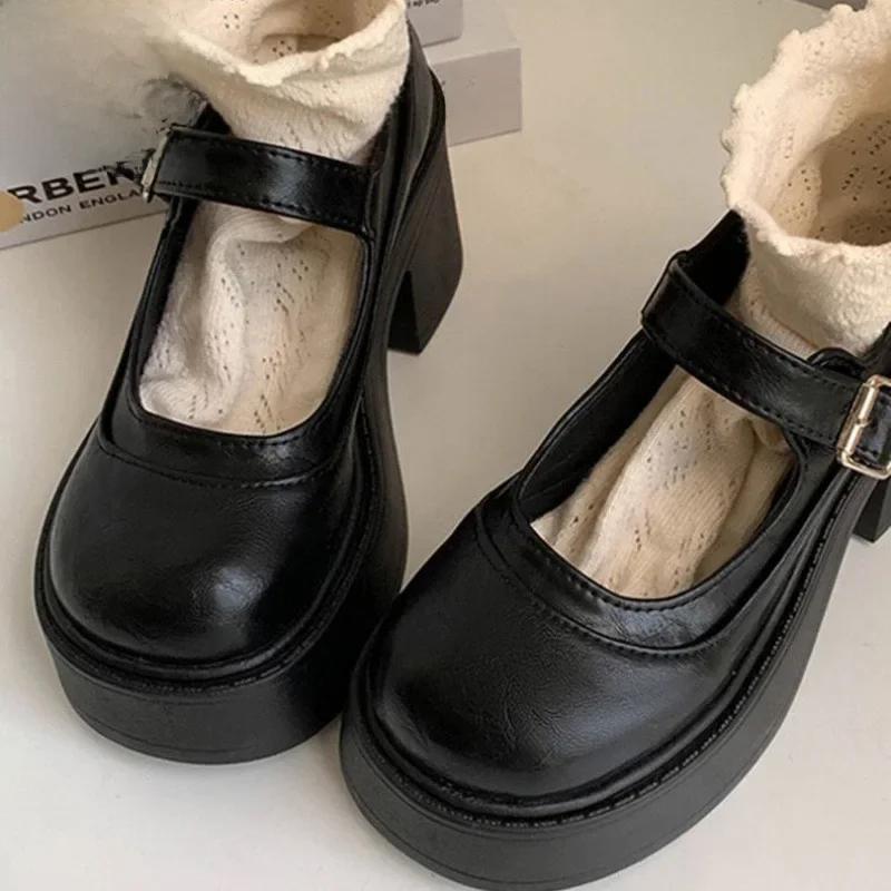 

Туфли на толстой подошве Zhao на высоком каблуке женские 2024 весна-осень неглубокие присборенные в стиле преппи студенческие кожаные туфли 37