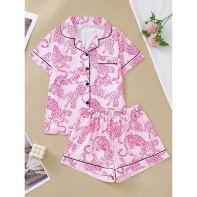 Casual Pink Leopard Print Pajama Set for Women Lapel Short-sleeved Top and Baggy Shorts Loungewear for Women