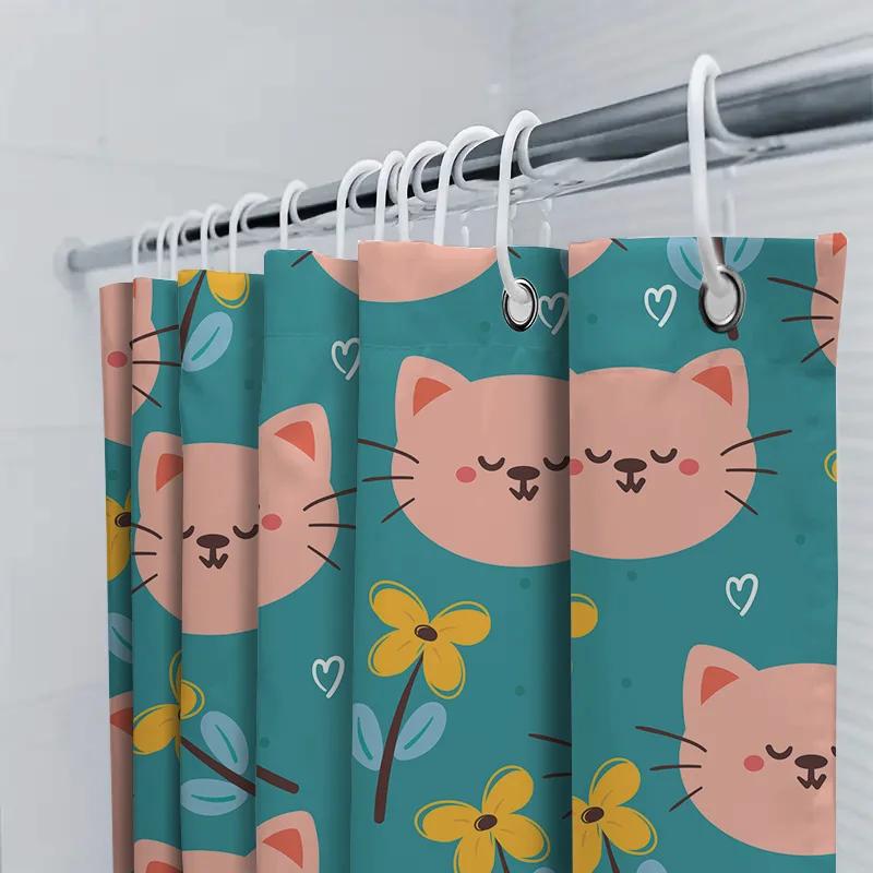 Cat Print Shower Curtain With Yellow Flowers Design For Bathroom Decor 3D Printed Waterproof Fabric Material Size:60X72 Inches