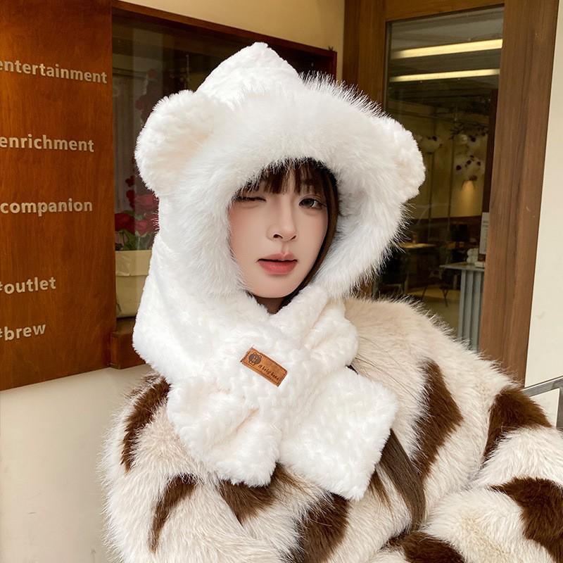 Korean-Style Cute Bear Plush Hat & Scarf Set for Women - Cozy Autumn/Winter Wear