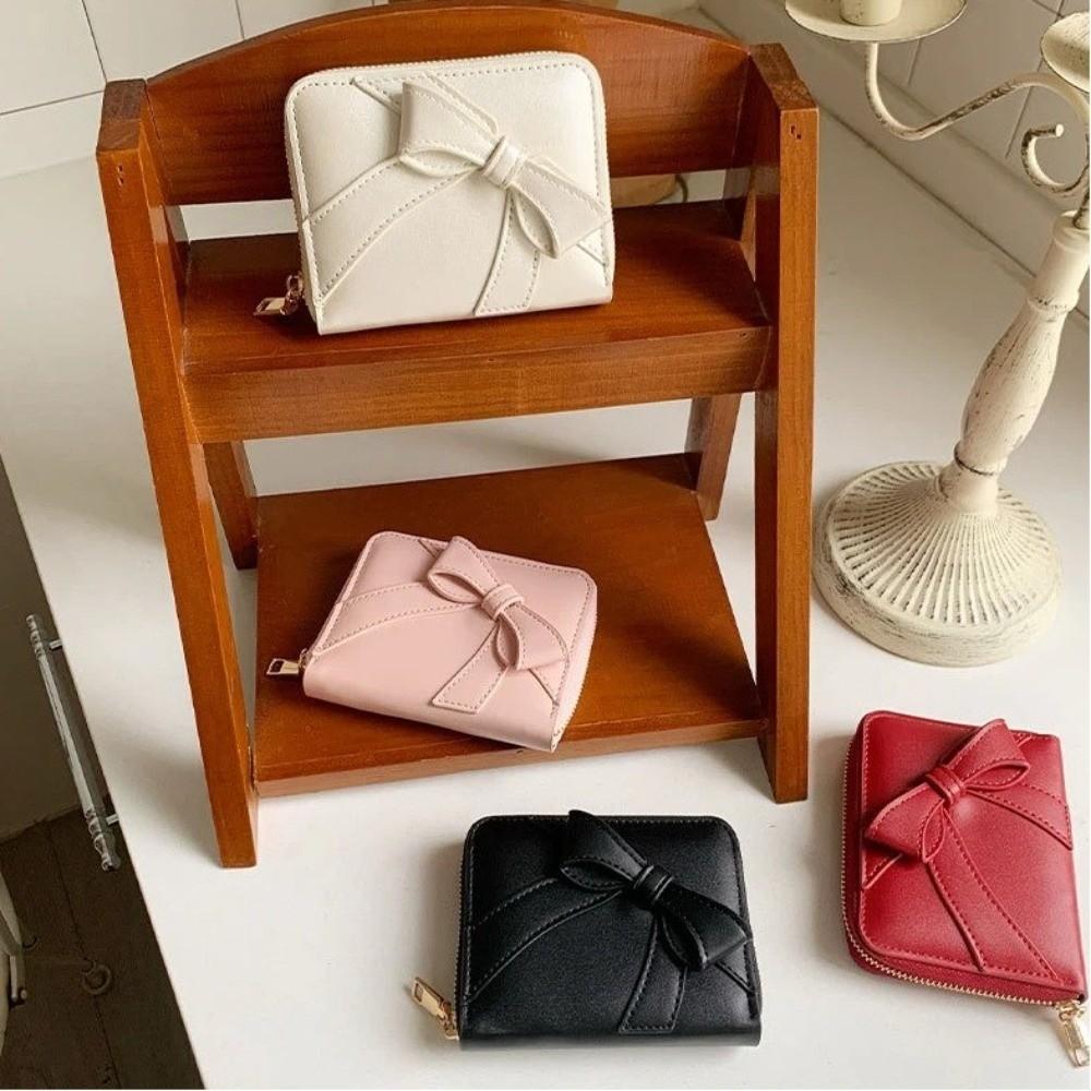 Portafogli Moda Portatili con Zip Carini con Fiocco in Ecopelle PU Corti Multi-Scomparto Carte Colore Unico Portamonete da Donna