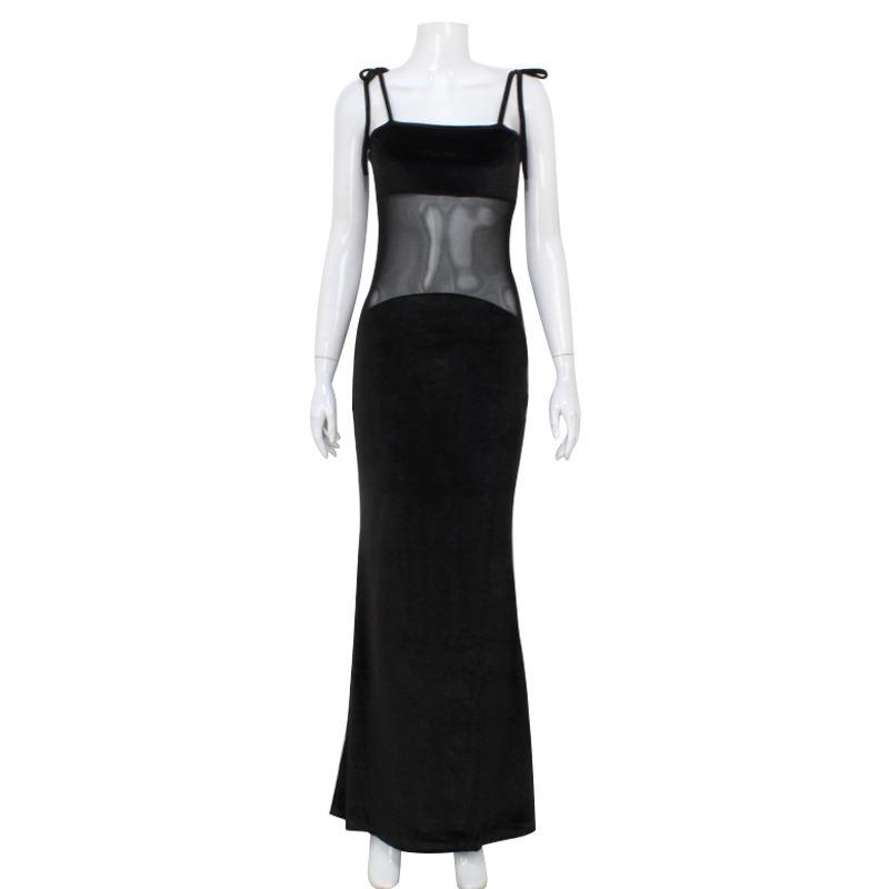 Women's Mesh Splicing Strap Perspective Sexy Hot Fashion Low-cut Halter Fishtail Dress